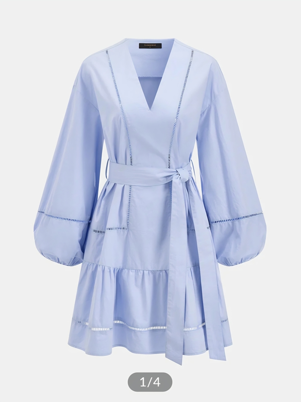 Cotton V-Neck Lantern Sleeve Belted Mini Dress